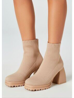 Chunky Heel Knit Ankle Boots Nude Lug Sole Sock Booties For Women